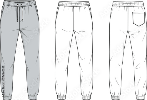Unisex sweatpants technical fashion flat sketch, front and back views, blank joggers with elastic cuffs and drawstring waist, vector template for apparel design.