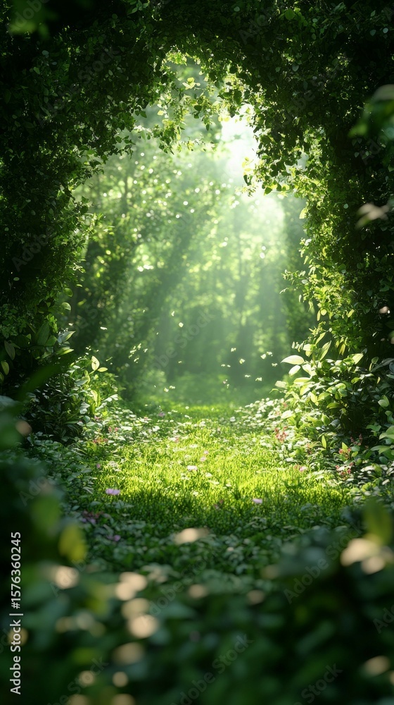 Obraz premium Walking Into Lush Forest Path with Sunlight Shining Through