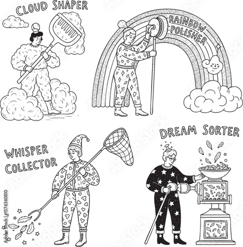 Fantasy Occupations Doodle Characters Illustration