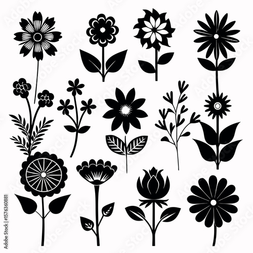 Collection of black silhouette flowers and botanical elements on white background