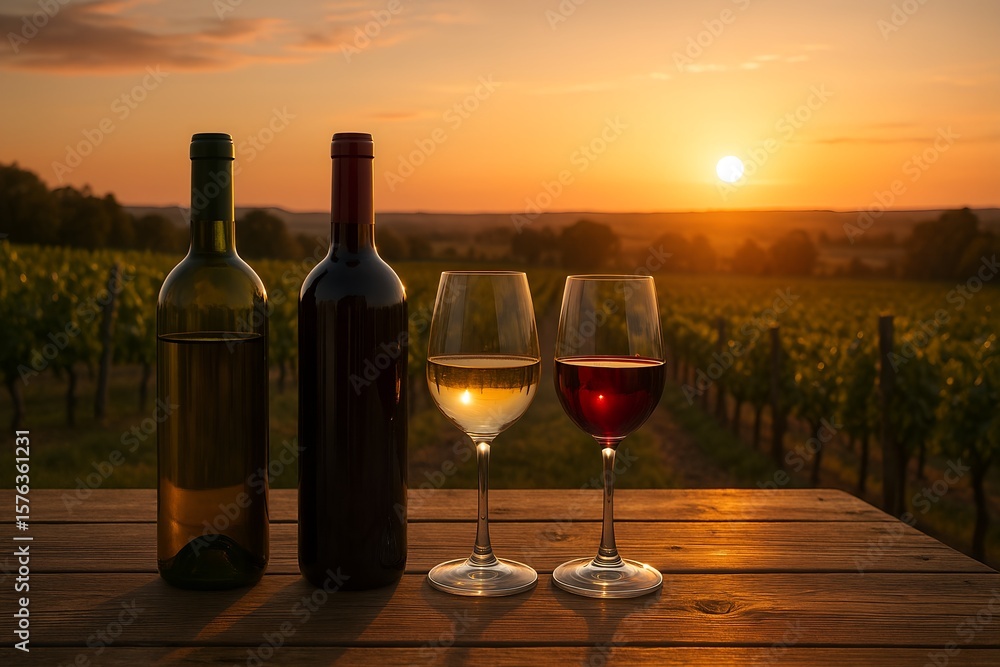 Fototapeta premium Red wine glass on a table with a bottle, celebrating the sunset