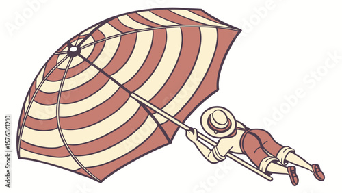 Illustration of person under beach umbrella summer vacation sun protection vintage style seaside resort art