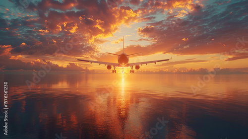Luxury travel concept with airplane flying over ocean islands, golden hour light, and elegant gradients.