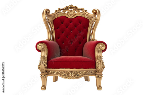 Ornate golden throne chair with red velvet upholstery isolated on black background
