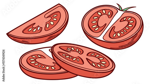Tomato slices vector illustration fresh and juicy tomato halves food ingredient cooking recipe healthy eating diet 100
