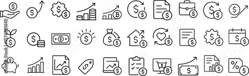 Financial Growth and Money Management Stroke Icon Collection. Containing profit, savings, investment, shopping, income, value tag, report, and more editable outline icons. 