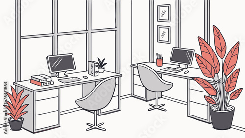 Office space interior design workplace desk computer chair plant window modern workspace furniture layout concept