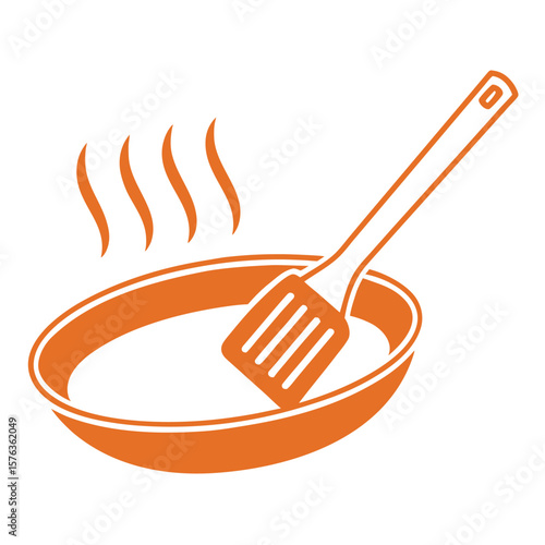 Orange cooking pan with spatula and steam vector