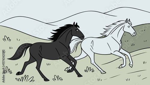 Black and white horses running wild drawing illustration vector art design graphic animal equine landscape 100