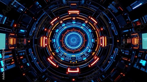 Wallpaper Mural Futuristic Technology Animation Background of Circular Tunnel HUD Interface. Neon Cyberpunk Tunnel: Futuristic Digital Art Torontodigital.ca