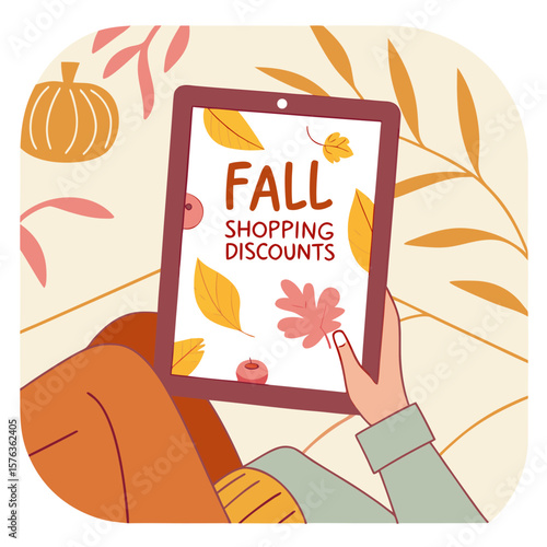 Person holding tablet displaying fall shopping discounts with autumn leaves and pumpkin background image