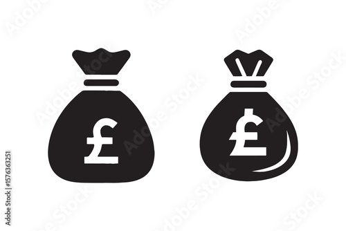 Two black silhouette icons of money bags with pound sterling symbols on a white background representing finance and wealth