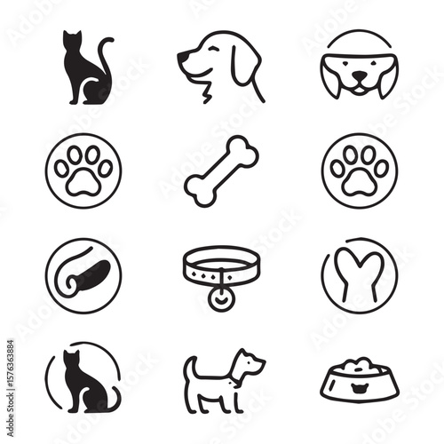 A collection of simple line art icons depicting various elements related to cats and dogs, including their care and accessories