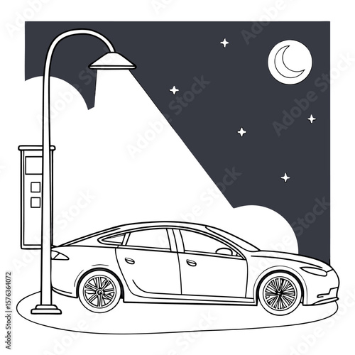 Illustration of a car parked near a street light at night with a moon and stars in the background scene