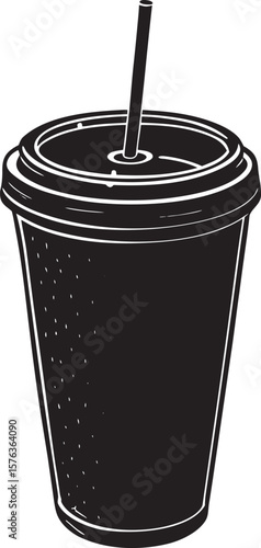 Black silhouette of a disposable cup with a straw isolated on a white background
