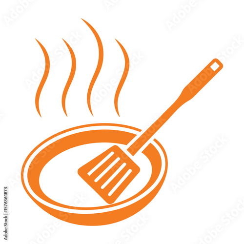 Orange spatula cooking in pan with steam vector