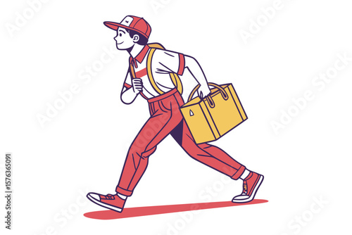 Delivery man: A focused delivery man hurries along a city street, his stride filled with purpose as he carries a delivery bag, embodying efficiency and dedication.