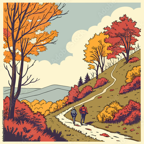 Two hikers with backpacks walk along a winding path through a vibrant autumn forest with colorful trees and rolling hills under a cloudy sky