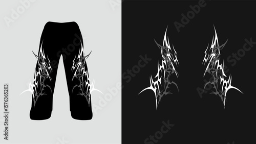 Abstract tribal pant vector design, featuring sharp symmetrical lines in white. Perfect for techwear, alternative fashion, or digital apparel