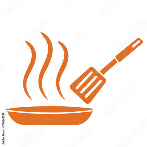 Orange spatula cooking over steaming pan vector