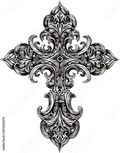 Intricate black and white baroque style cross design with ornate patterns. Vector illustration