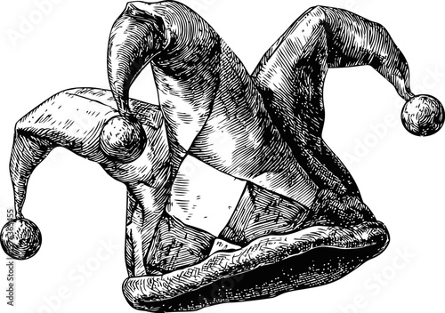 Jester hat drawn in detailed black and white sketch, comedy theme illustration. Vector illustration