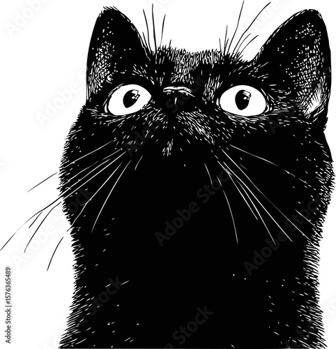 Black and white sketch of a curious black cat with wide eyes. Vector illustration