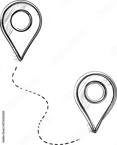 Two sketched location markers connected by dotted line. Vector illustration
