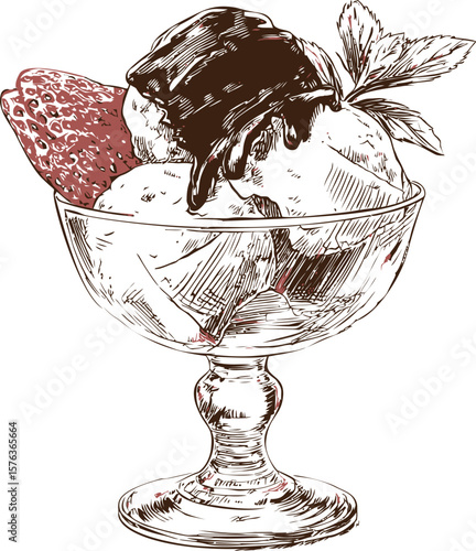 Illustration of a chocolate-covered ice cream sundae with strawberry and mint. Vector illustration in sketch style