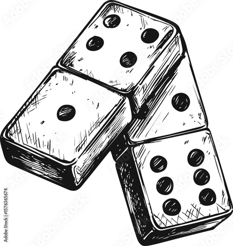 Illustration of three stacked domino tiles in black and white sketch style. Vector illustration