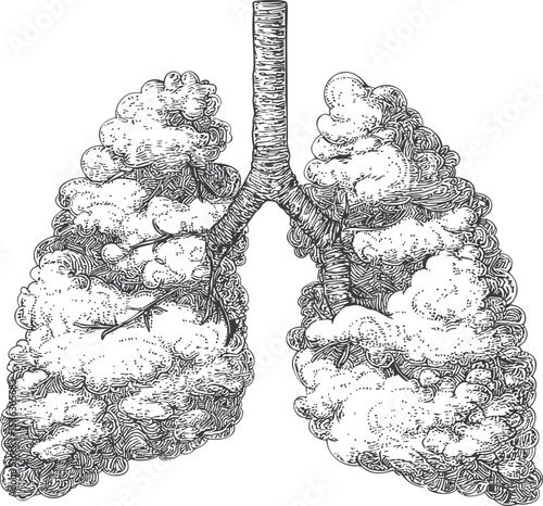 Intricate black and white sketch of human lungs resembling fluffy clouds. Vector illustration