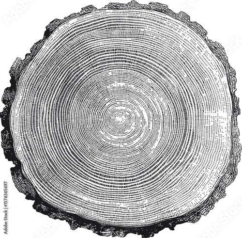 Detailed woodcut illustration of tree rings with intricate patterns. Vector illustration