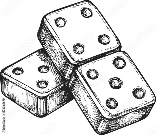 Hand drawn sketch of three stacked domino tiles in black and white. Vector illustration