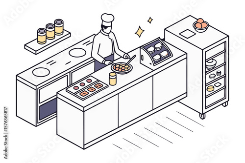 Culinary Craft: A focused chef meticulously prepares a delectable dish in a modern, streamlined commercial kitchen setting, embodying culinary expertise.