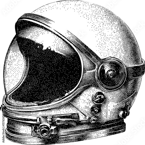 Vintage astronaut helmet illustration in black and white, detailed sketch line art. Vector illustration