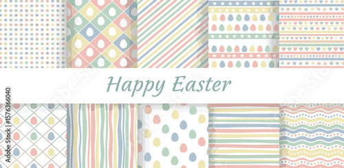 Easter eggs, spring Paschal seamless patterns collection, backgrounds set. Multicolored, colorful small painted cute egg shapes with stripes, square check grid, doodle