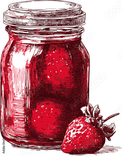 Detailed illustration of strawberry jam jar with ripe strawberries outside. Vector illustration