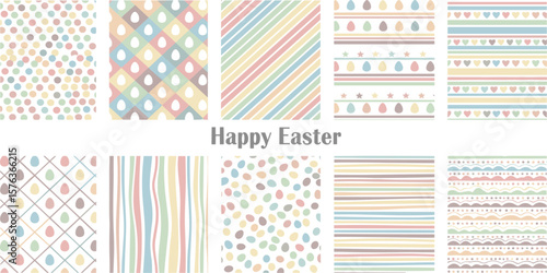 Easter eggs, spring Paschal seamless patterns collection, backgrounds set. Multicolored, colorful small painted cute egg shapes with stripes, square check grid, doodle