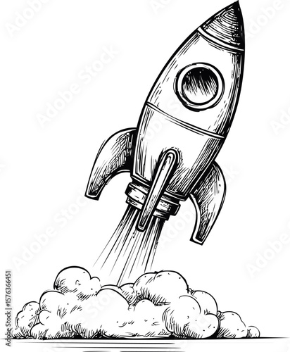 Hand-drawn rocket launching with smoke trails in black and white sketch. Vector illustration