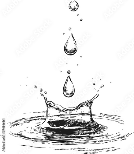 Water droplets splashing into pool in black and white sketch, serene nature concept. Vector illustration