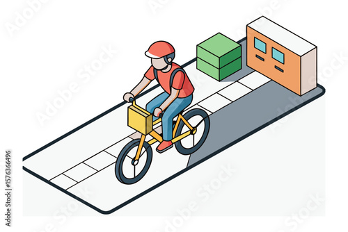 Urban Cycle Courier: An isometric illustration of a cyclist swiftly navigating a city street. The scene portrays the efficiency of urban transport with a courier dedicated to timely delivery