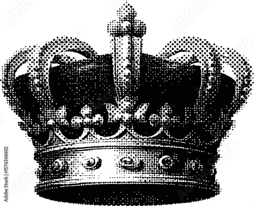 Halftone illustration of a detailed ornate royal crown in black and white. Vector illustration