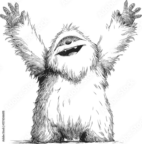 Cheerful yeti sketch with arms raised in a friendly expression, line art style. Vector illustration