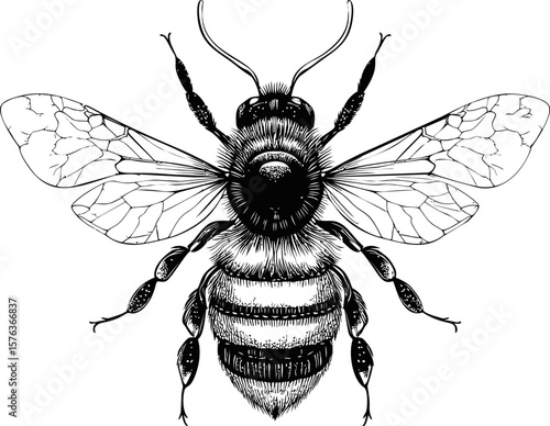 Detailed sketch black and white of a bee with intricate wings. Vector illustration