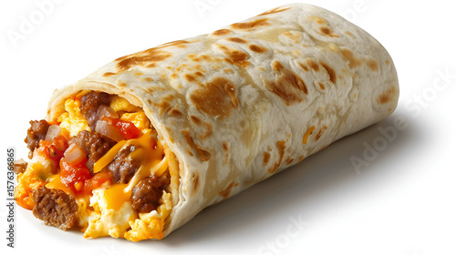 Close up shot of a breakfast burrito filled with eggs sausage cheese and salsa on a white background .