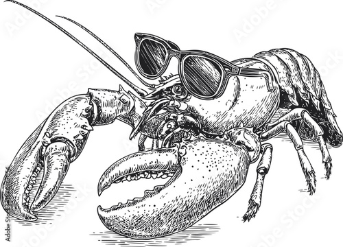 Illustration of a stylish lobster wearing sunglasses, black and white sketch. Vector illustration