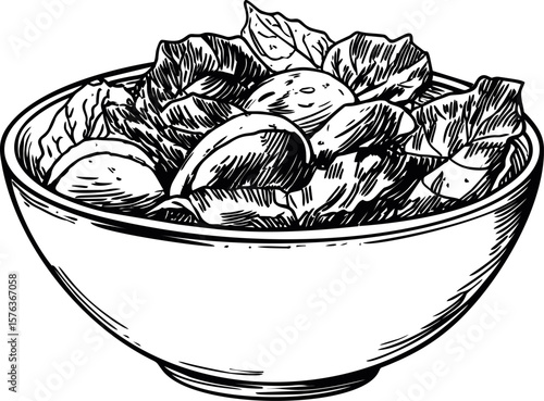 Hand-drawn salad with lettuce and tomatoes in a bowl, monochrome sketch style. Vector illustration
