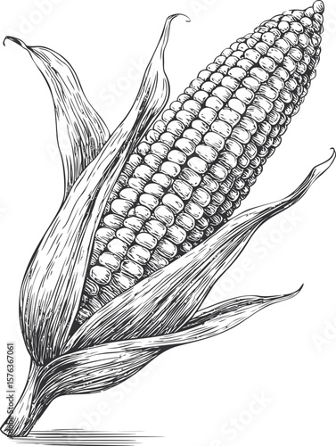 Black and white sketch of corn on the cob with detailed husks. Vector illustration