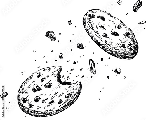 Black and white sketch of broken cookies with crumbs in the air, food doodle art. Vector illustration