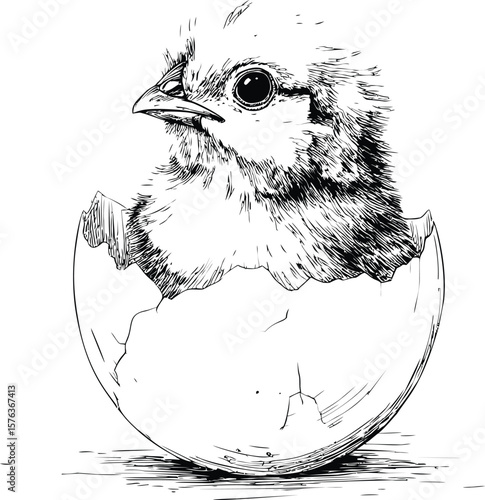 Chick hatching from eggshell in detailed ink drawing. Vector illustration